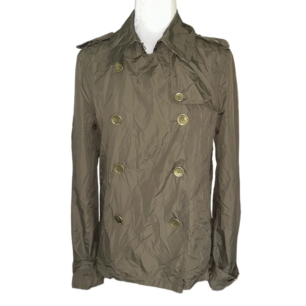 Burberry Peasdale Brown Tan Nylon Double Breasted Gold Button Trench Jacket - 8
